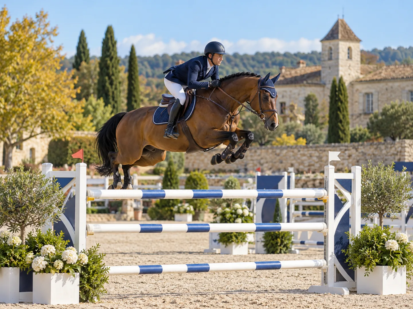 Un cavalier et son cheval franchissent un obstacle dans une carrière de saut d’obstacles.