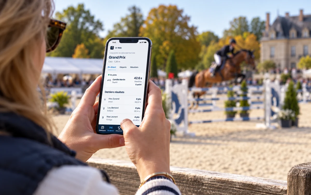 O-Web sur téléphone : suivi d’une épreuve en direct, chrono, pénalités et résultats avec des données de démonstration.